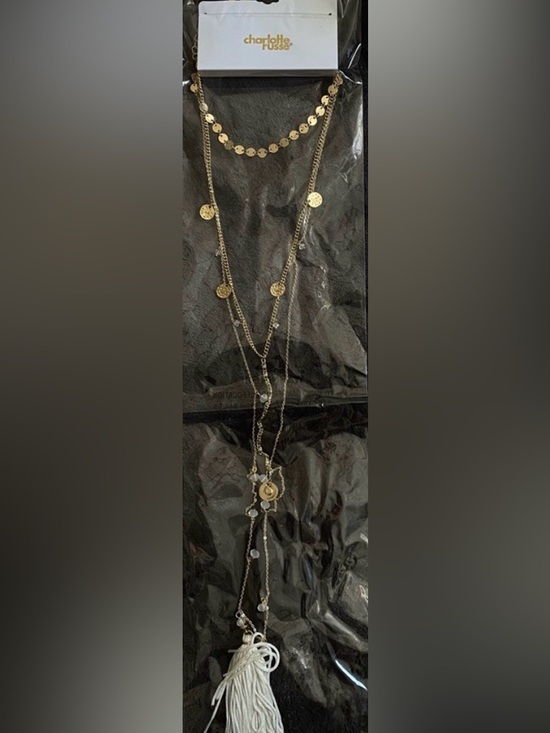 Charlotte Russe Gold Layered Coin Necklace with Cream Tassel - Picture 2 of 3